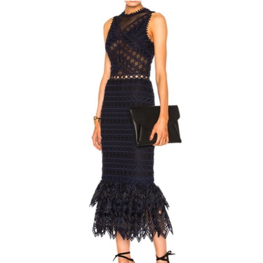 Jonathan Simkhai Lattice Trumpet Dress Navy Combo